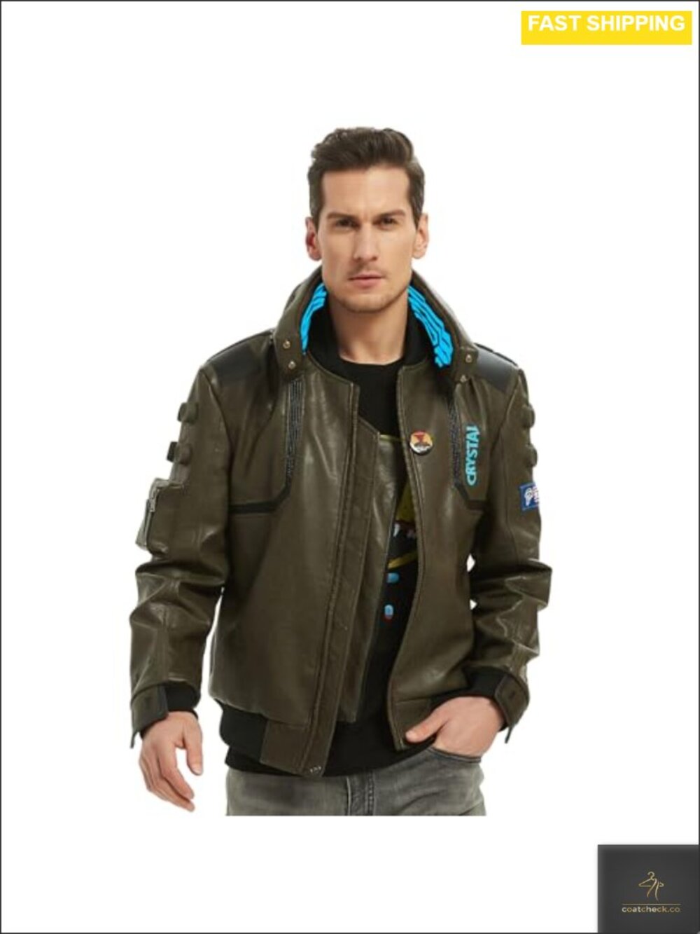 Faux Leather Cosplay Jacket Stand Collar Luminous Embroidery Unisex